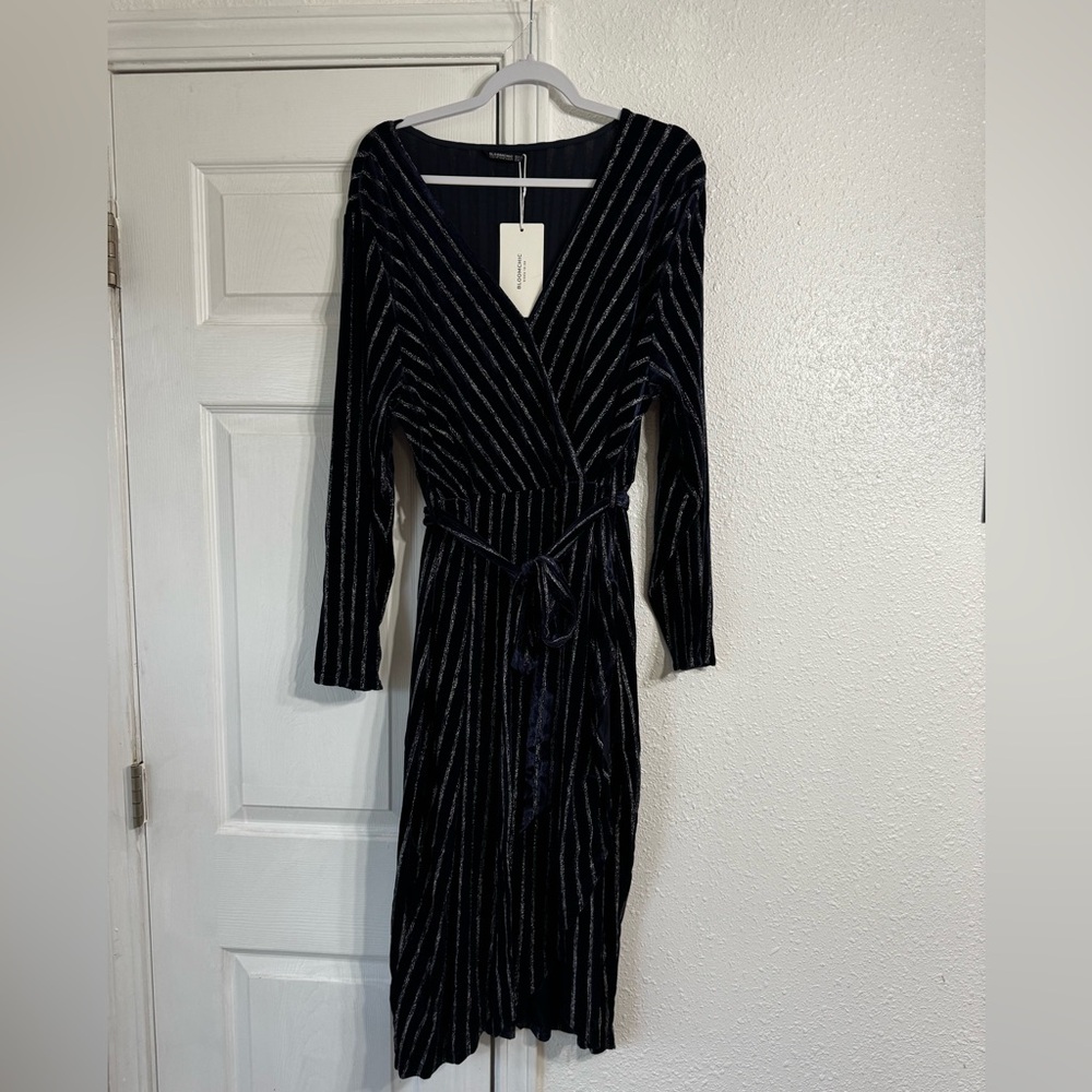 Bloomchic Glitter Striped Wrap Belted Velvet Midi Dress